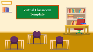 Virtual classroom slide featuring a green chalkboard, desks with chairs, and a teacher's desk with a bookshelf.