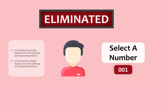 Game themed PowerPoint slide showing an eliminated label with a character and a Select A Number button on a pink theme.
