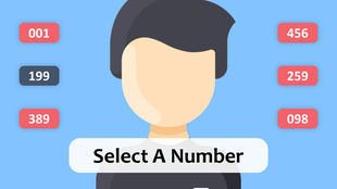 Avatar-style graphic with interactive number options for squid game and a central text prompt on a light blue background.