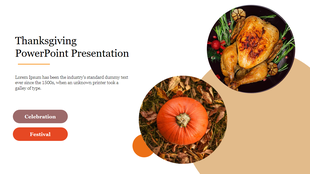 Thanksgiving slide with circular images, one showing a chicken dish, the other a pumpkin on autumn leaves.