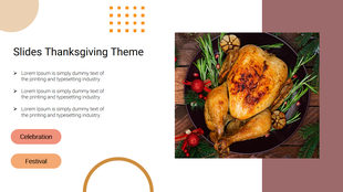 Thanksgiving Theme with an image of a roasted turkey garnished with herbs and vegetables, alongside placeholder text areas.