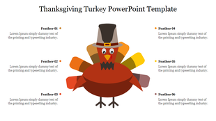 Thanksgiving turkey illustration with a black hat and colorful feathers, featuring six labeled text placeholders.