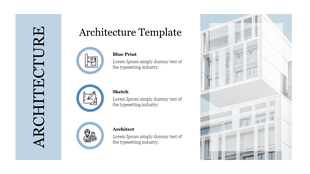 Architecture themed template with three blue framed icons and text, alongside an image of a modern building.