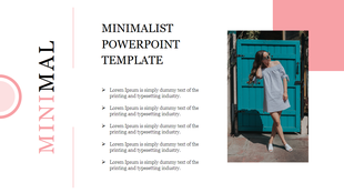 A minimalist slide layout with text in large pink letters, a woman in a white dress by a teal door with caption areas.