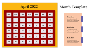 Monthly calendar layout for April 2022 with a red border, with areas on the right for entering priorities, goals, and list.