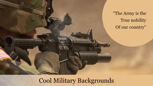 Military soldier in camouflage, holding an assault rifle in a desert environment, with a quote about the army's nobility.