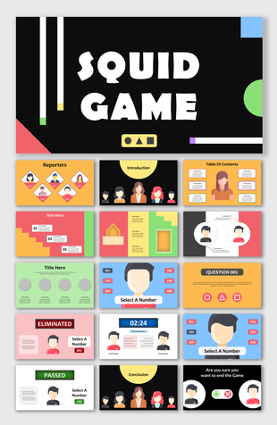 Bold text displaying squid game against a black background, with colorful geometric shapes surrounding it.