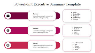 Executive summary slide featuring three icons and text descriptions, bullet points for business, process, and target goals.