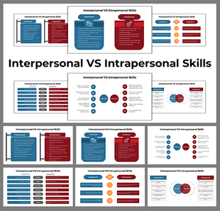 Slide deck comparing interpersonal and intrapersonal skills using diagrams and color blocks in red and blue themes.