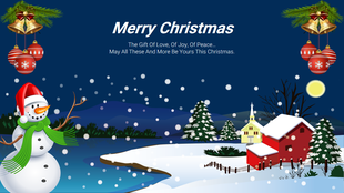Christmas-themed scene with a snowman in a snowy village, festive bells and ornaments hanging at the top.