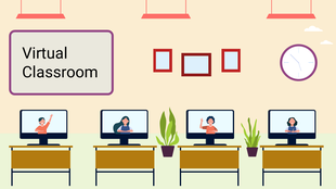 Illustration of a virtual classroom setup with four computer monitors displaying students in an online learning environment.