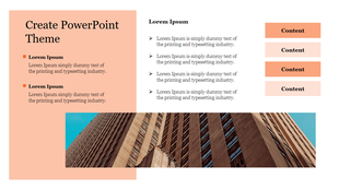 Create template with a building image, orange background, and sections on the right with labeled placeholders for text.