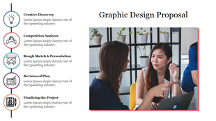 Graphic Design Proposal slide outlining stages from creative discovery to project finalization, with icons and an image.