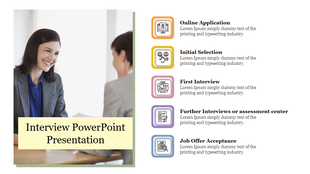 Interview slide featuring a professional image of a smiling candidate and sections outlining the interview process steps.