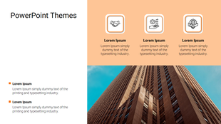 PowerPoint theme slide with icons for handshake, gear, and book, with a photo of a tall building in the lower section.