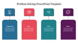 Infographic layout for problem-solving steps, each block paired with icons and placeholder text areas.