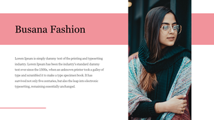 Fashion design slide showing a woman wearing a sweater and scarf with a pink background, and captions on the left.