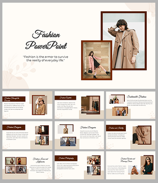 Fashion themed slide deck with a beige color scheme, featuring images of models in coats and text on styles and trends.