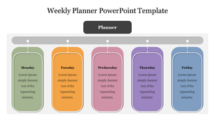 Weekly planner slide with five vertical columns, in green, orange, pink, purple, and blue, labeled Monday to Friday.