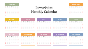Monthly calendar layout with 12 colorful boxes, each representing a month from January to December.