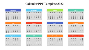Calendar PPT template for 2022 displaying all twelve months in blocks, each month featuring days organized in a grid format.