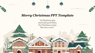 Winter scene with snowy houses, evergreen trees, and holiday ornaments, along with a Christmas quote and title.