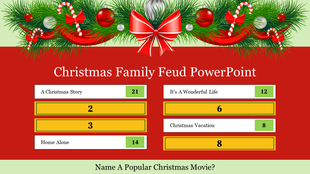 Festive design with garlands and ornaments, followed by a Christmas family feud game board showing movie titles and scores.