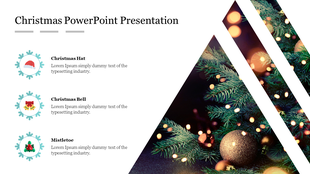 Christmas presentation slide featuring a tree branch with festive decorations and glowing lights, with icons.