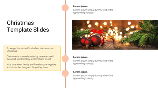 Christmas themed slide featuring a festive photo of ornaments and pine branches with text framed in yellow boxes.