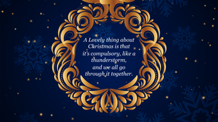 Christmas PowerPoint slide card with a gold ornate frame and a holiday quote against a blue background with snowflakes.