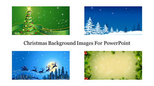 Template preview with four holiday backgrounds in green, blue, and gold themes with trees, stars, and festive icons.
