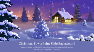 Christmas slide with a snowy landscape with a cabin glowing warmly, surrounded by snow covered trees and snowflakes.