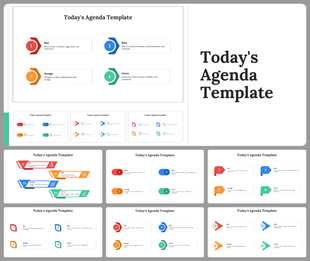 A pack of agenda slides with four color coded sections labeled with a number and description in different layout designs.
