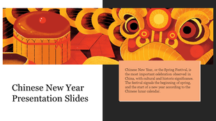 Chinese new year slide with a vibrant lion dance illustration, a traditional drum, and an orange text box for information.