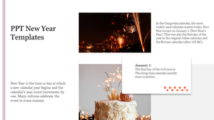 PowerPoint slide featuring New Year celebrations with fireworks and a festive cake design.