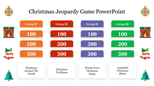 Holiday Jeopardy game slide with four groups labeled in red, orange, purple, and green, each with different point values.
