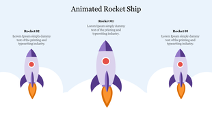 Colorful animated rocket ships soaring above fluffy clouds in a light blue sky.