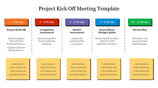 Project kickoff slide showing a colorful boxes in week-by-week breakdown with text descriptions and placeholder text.