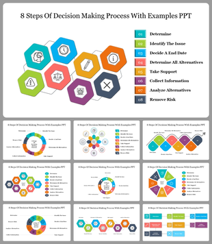 Decision making process slides showcasing eight steps with colorful graphics and icons for clarity.