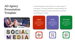 Professional ad agency template with colorful blocks in red, purple, and green, along with a laptop image.