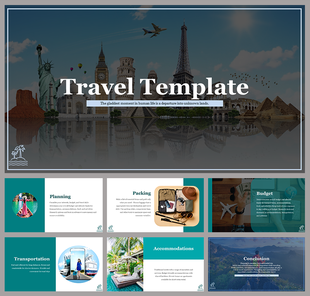 Slide pack featuring images of iconic landmarks and tips for planning, budgeting, and packing for a trip.