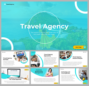 Group of slides for a travel agency, featuring a blue and white color scheme with useful travel informations.