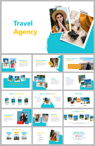 Travel agency slide deck with blue and yellow accents featuring images of beaches, maps, and vacation spots.