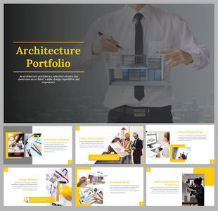 Architecture portfolio slides showcasing a professional architect discussing a 3D model with text descriptions.