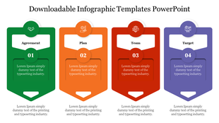 Colorful infographic slide featuring sections for agreement, plan, team, and target with icons and placeholder text.