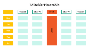 Timetable with a weekly layout showing Monday to Friday  four class slots per day, with a period highlighted in the middle.