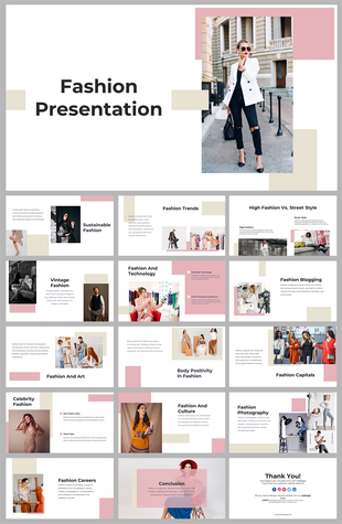 Fashion slides cover topics like sustainable fashion, trends, and the impact of technology in the industry with many images.