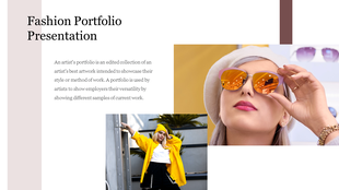 Fashion portfolio slide featuring images of a stylish woman in sunglasses and another in a yellow jacket posing outdoors.