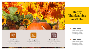 Thanksgiving slide with autumn background with pumpkins, sunflowers, and three icons in orange, brown, and beige tones.