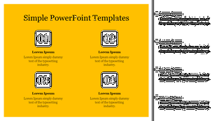 Simple PowerPoint template with numbered sections and placeholder text on a yellow and black background with text.